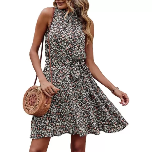BTFBM Women 2024 Summer Halter Neck Dresses Sleeveless Casual Floral Polka Dot Print Short Boho Ruffle SundressFloral Print Black White