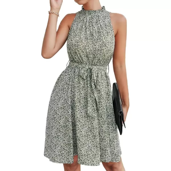 BTFBM Women 2024 Summer Halter Neck Dresses Sleeveless Casual Floral Polka Dot Print Short Boho Ruffle SundressFloral Print Green
