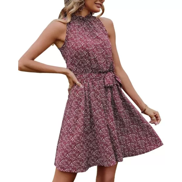BTFBM Women 2024 Summer Halter Neck Dresses Sleeveless Casual Floral Polka Dot Print Short Boho Ruffle SundressFloral Print Wine Red