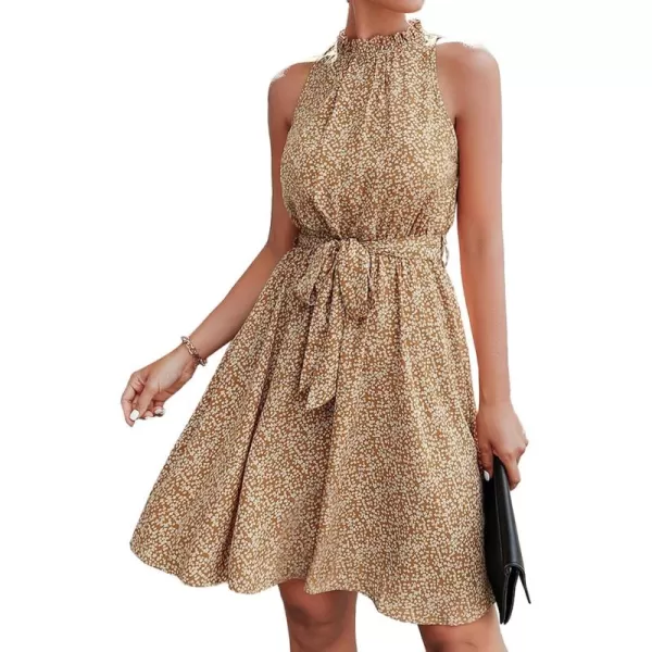 BTFBM Women 2024 Summer Halter Neck Dresses Sleeveless Casual Floral Polka Dot Print Short Boho Ruffle SundressFloral Print Yellow