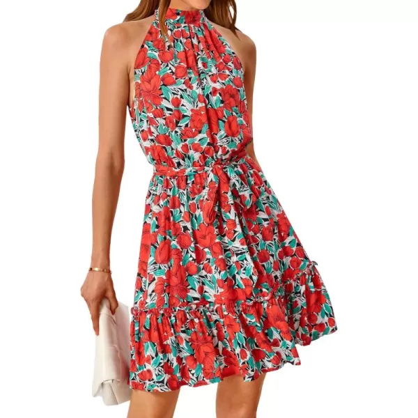 BTFBM Women 2024 Summer Halter Neck Dresses Sleeveless Casual Floral Polka Dot Print Short Boho Ruffle SundressFloral Red