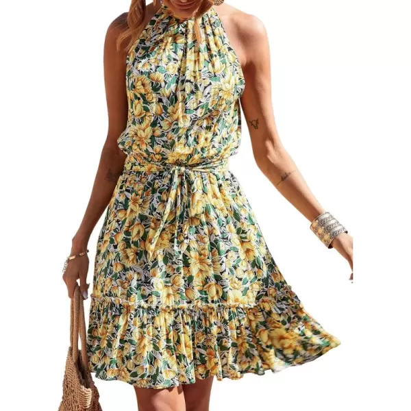 BTFBM Women 2024 Summer Halter Neck Dresses Sleeveless Casual Floral Polka Dot Print Short Boho Ruffle SundressFloral Yellow