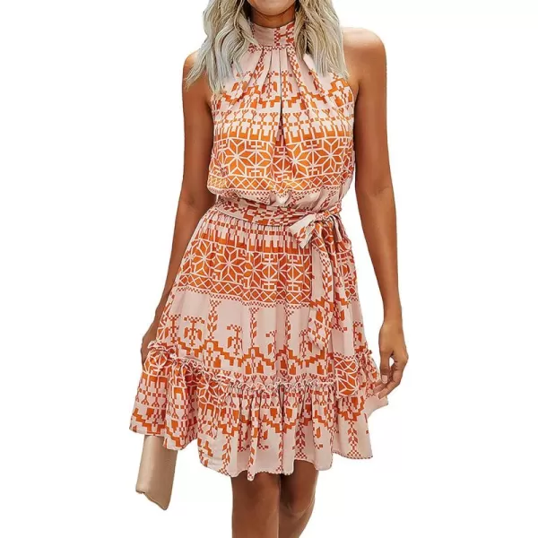 BTFBM Women 2024 Summer Halter Neck Dresses Sleeveless Casual Floral Polka Dot Print Short Boho Ruffle SundressOrangeWhite