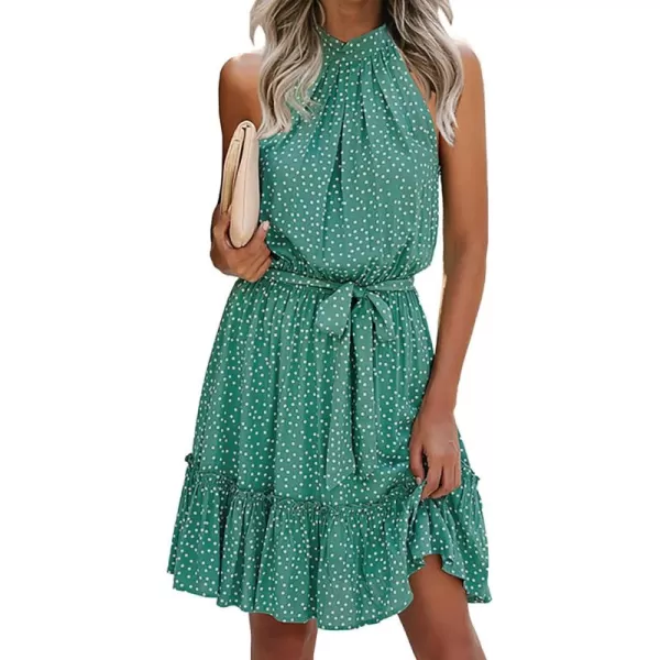 BTFBM Women 2024 Summer Halter Neck Dresses Sleeveless Casual Floral Polka Dot Print Short Boho Ruffle SundressPolka Dot Green