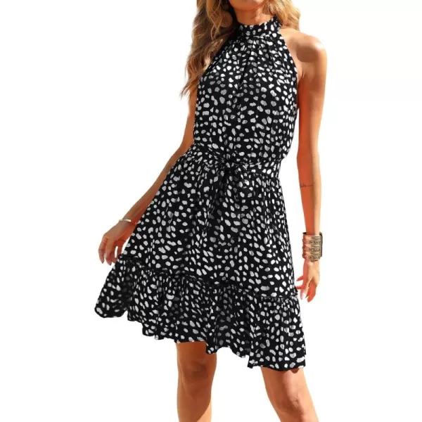 BTFBM Women 2024 Summer Halter Neck Dresses Sleeveless Casual Floral Polka Dot Print Short Boho Ruffle SundressWhite Dot Black
