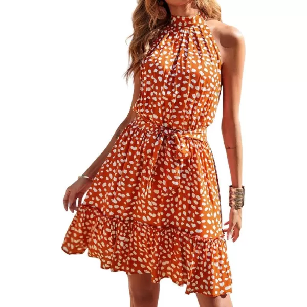 BTFBM Women 2024 Summer Halter Neck Dresses Sleeveless Casual Floral Polka Dot Print Short Boho Ruffle SundressWhite Dot Red