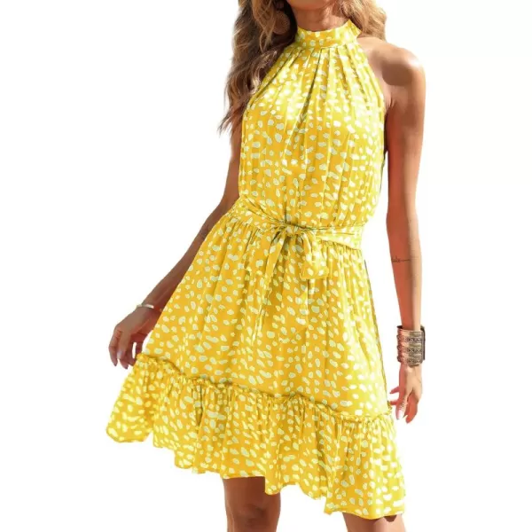 BTFBM Women 2024 Summer Halter Neck Dresses Sleeveless Casual Floral Polka Dot Print Short Boho Ruffle SundressWhite Dot Yellow