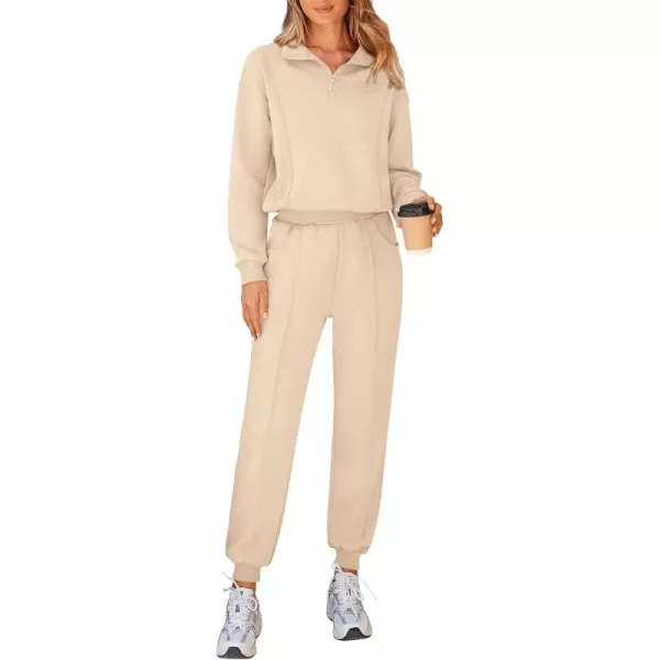 BTFBM Women 2024 Two Piece Tracksuits Sweatsuits Fall Winter Clothes Quarter Zip Sweatshirt Jogger Pants Y2K Lounge SetsBeige