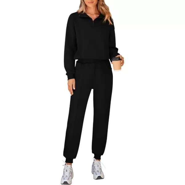 BTFBM Women 2024 Two Piece Tracksuits Sweatsuits Fall Winter Clothes Quarter Zip Sweatshirt Jogger Pants Y2K Lounge SetsBlack