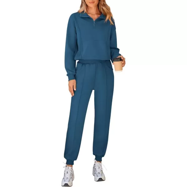 BTFBM Women 2024 Two Piece Tracksuits Sweatsuits Fall Winter Clothes Quarter Zip Sweatshirt Jogger Pants Y2K Lounge SetsBlue