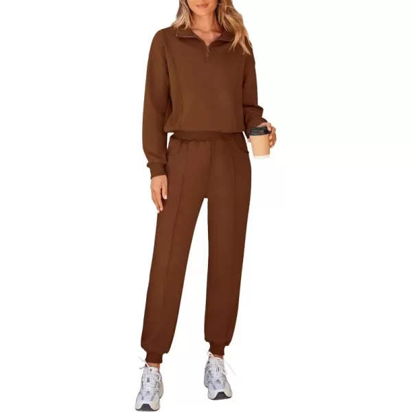 BTFBM Women 2024 Two Piece Tracksuits Sweatsuits Fall Winter Clothes Quarter Zip Sweatshirt Jogger Pants Y2K Lounge SetsBrown