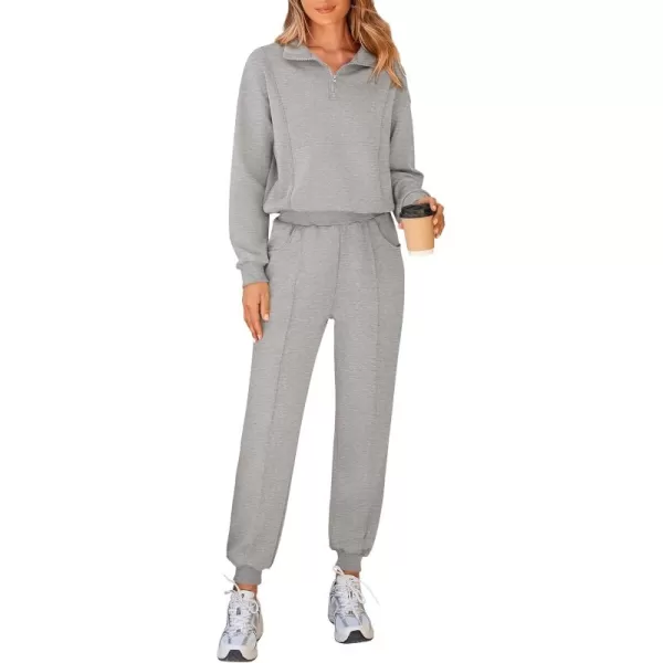 BTFBM Women 2024 Two Piece Tracksuits Sweatsuits Fall Winter Clothes Quarter Zip Sweatshirt Jogger Pants Y2K Lounge SetsLight Grey