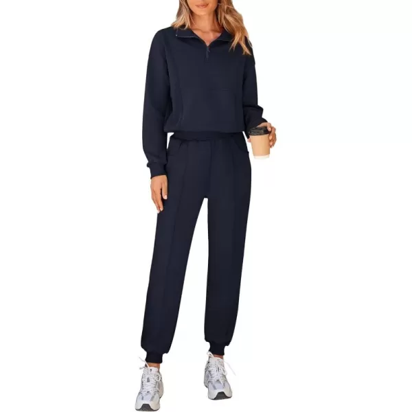 BTFBM Women 2024 Two Piece Tracksuits Sweatsuits Fall Winter Clothes Quarter Zip Sweatshirt Jogger Pants Y2K Lounge SetsNavy