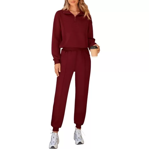 BTFBM Women 2024 Two Piece Tracksuits Sweatsuits Fall Winter Clothes Quarter Zip Sweatshirt Jogger Pants Y2K Lounge SetsWine Red