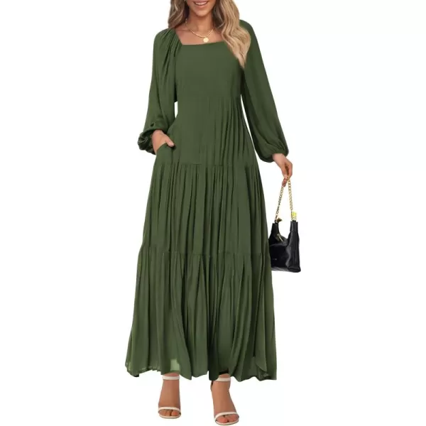 BTFBM Women Square Neck Puff Long Sleeve Dress Smocked Tiered Flowy Casual Fall Wedding Guest Maxi Dresses with PocketsArmy Green
