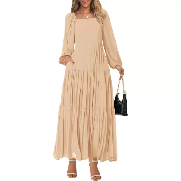 BTFBM Women Square Neck Puff Long Sleeve Dress Smocked Tiered Flowy Casual Fall Wedding Guest Maxi Dresses with PocketsBeige