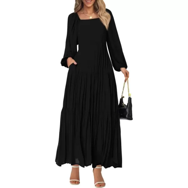 BTFBM Women Square Neck Puff Long Sleeve Dress Smocked Tiered Flowy Casual Fall Wedding Guest Maxi Dresses with PocketsBlack
