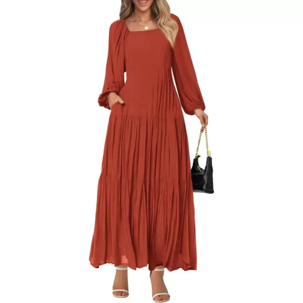 BTFBM Women Square Neck Puff Long Sleeve Dress Smocked Tiered Flowy Casual Fall Wedding Guest Maxi Dresses with PocketsBrick Red