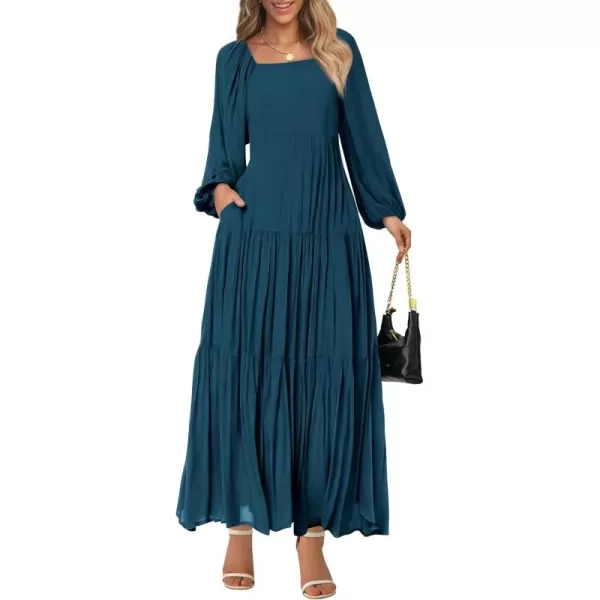 BTFBM Women Square Neck Puff Long Sleeve Dress Smocked Tiered Flowy Casual Fall Wedding Guest Maxi Dresses with PocketsDark Blue