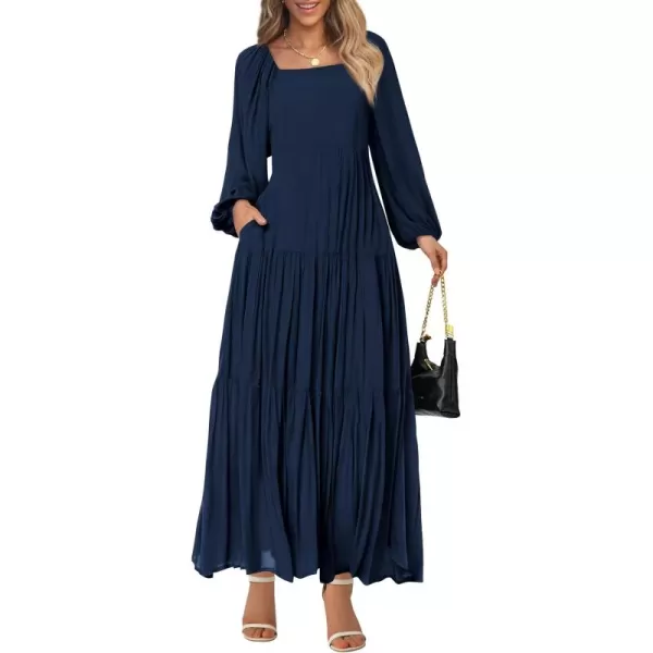BTFBM Women Square Neck Puff Long Sleeve Dress Smocked Tiered Flowy Casual Fall Wedding Guest Maxi Dresses with PocketsNavy