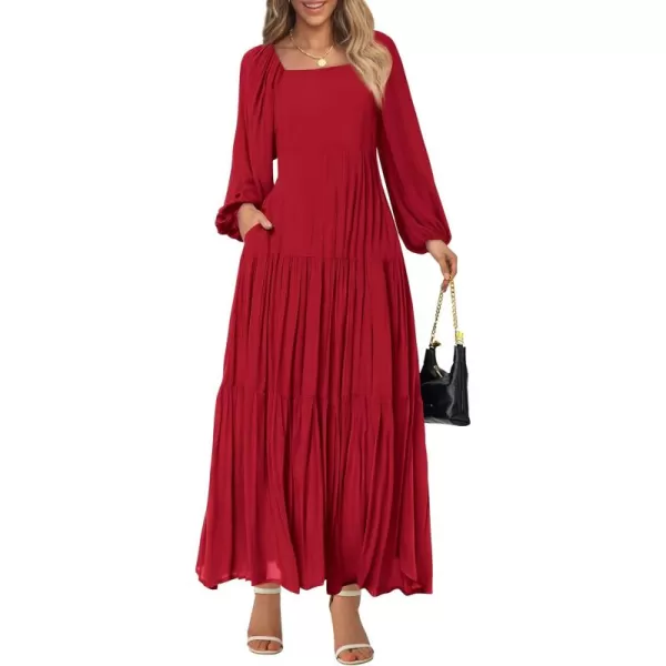 BTFBM Women Square Neck Puff Long Sleeve Dress Smocked Tiered Flowy Casual Fall Wedding Guest Maxi Dresses with PocketsRed