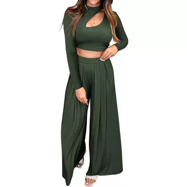 BTFBM Womens 2 Piece Tracksuit Outfits Cutout Long Sleeve Crop Top Wide Leg Pant Ribbed Knit Sweatsuits Yoga Lounge SetSolid Army Green