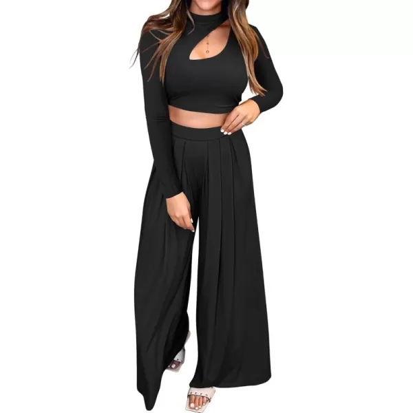 BTFBM Womens 2 Piece Tracksuit Outfits Cutout Long Sleeve Crop Top Wide Leg Pant Ribbed Knit Sweatsuits Yoga Lounge SetSolid Black