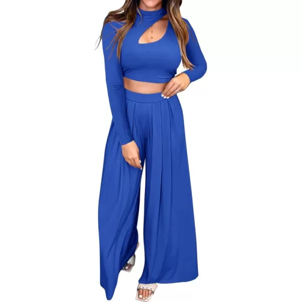 BTFBM Womens 2 Piece Tracksuit Outfits Cutout Long Sleeve Crop Top Wide Leg Pant Ribbed Knit Sweatsuits Yoga Lounge SetSolid Blue