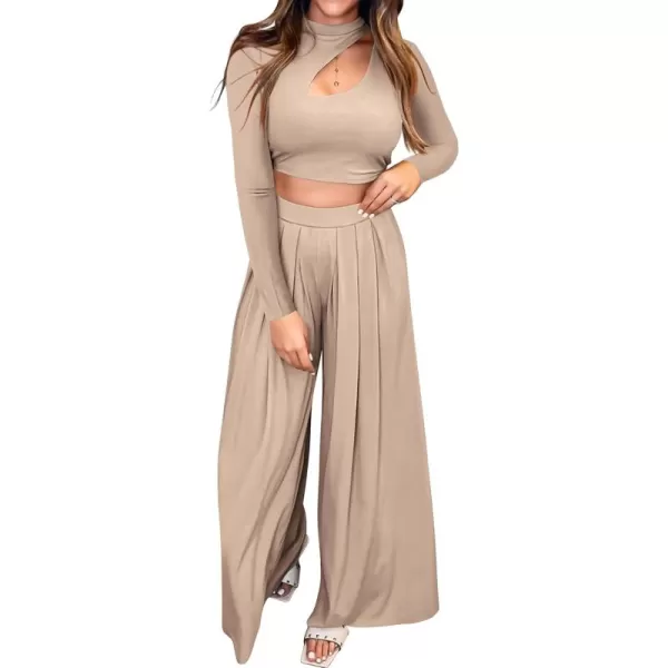 BTFBM Womens 2 Piece Tracksuit Outfits Cutout Long Sleeve Crop Top Wide Leg Pant Ribbed Knit Sweatsuits Yoga Lounge SetSolid Khaki