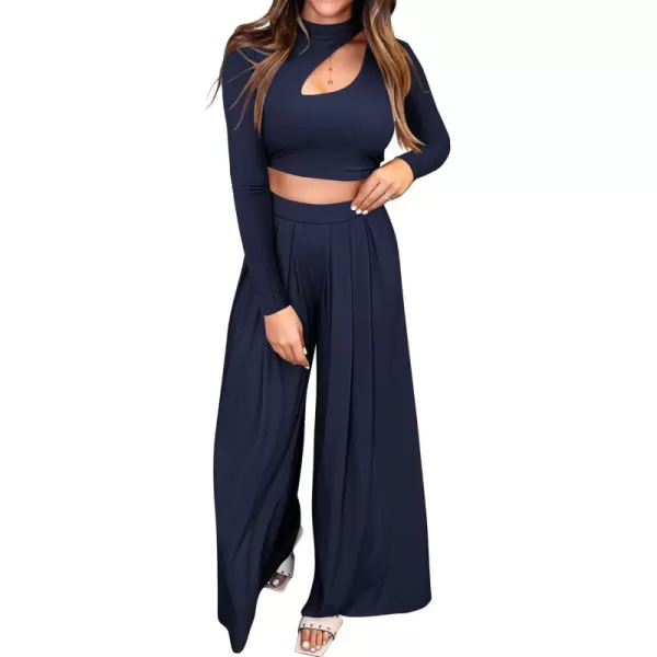 BTFBM Womens 2 Piece Tracksuit Outfits Cutout Long Sleeve Crop Top Wide Leg Pant Ribbed Knit Sweatsuits Yoga Lounge SetSolid Navy