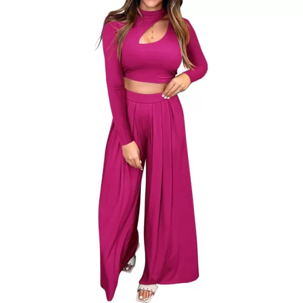 BTFBM Womens 2 Piece Tracksuit Outfits Cutout Long Sleeve Crop Top Wide Leg Pant Ribbed Knit Sweatsuits Yoga Lounge SetSolid Rose Red