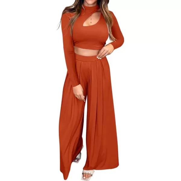 BTFBM Womens 2 Piece Tracksuit Outfits Cutout Long Sleeve Crop Top Wide Leg Pant Ribbed Knit Sweatsuits Yoga Lounge SetSolid Rust Red