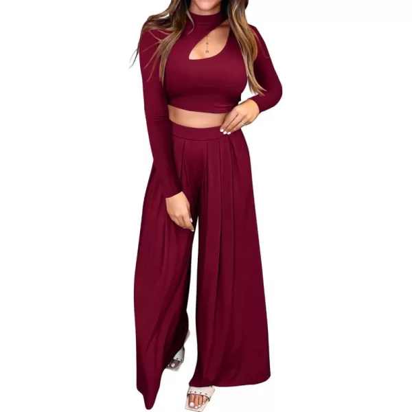 BTFBM Womens 2 Piece Tracksuit Outfits Cutout Long Sleeve Crop Top Wide Leg Pant Ribbed Knit Sweatsuits Yoga Lounge SetSolid Wine Red