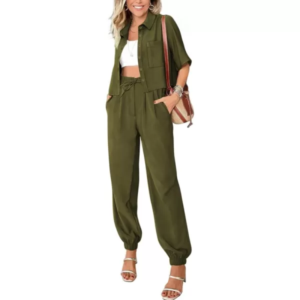 BTFBM Womens 2024 Summer 2 Piece Outfits Tracksuit Short Sleeve Cropped Button Down Shirt Long Pant Lounge Matching SetSolid Army Green