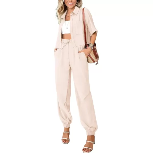 BTFBM Womens 2024 Summer 2 Piece Outfits Tracksuit Short Sleeve Cropped Button Down Shirt Long Pant Lounge Matching SetSolid Beige