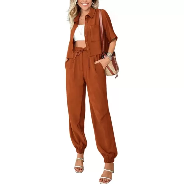 BTFBM Womens 2024 Summer 2 Piece Outfits Tracksuit Short Sleeve Cropped Button Down Shirt Long Pant Lounge Matching SetSolid Brick Red