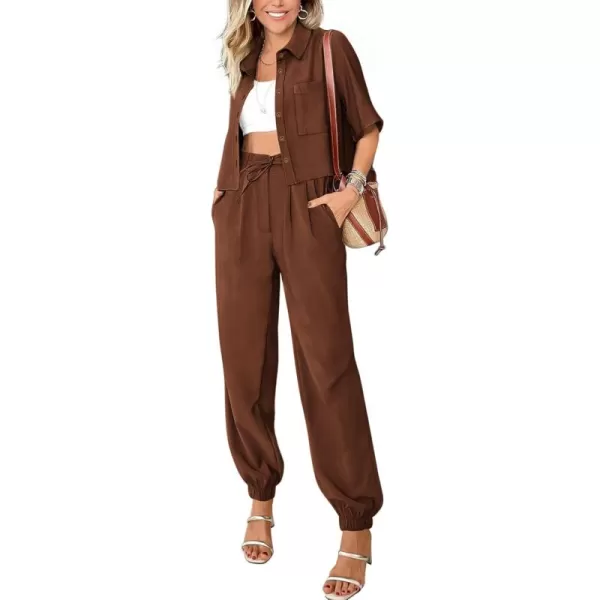 BTFBM Womens 2024 Summer 2 Piece Outfits Tracksuit Short Sleeve Cropped Button Down Shirt Long Pant Lounge Matching SetSolid Brown