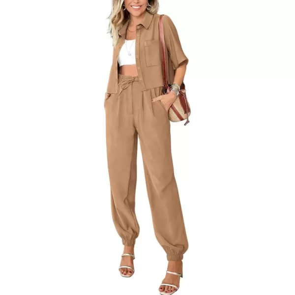BTFBM Womens 2024 Summer 2 Piece Outfits Tracksuit Short Sleeve Cropped Button Down Shirt Long Pant Lounge Matching SetSolid Khaki