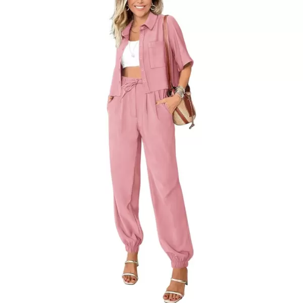 BTFBM Womens 2024 Summer 2 Piece Outfits Tracksuit Short Sleeve Cropped Button Down Shirt Long Pant Lounge Matching SetSolid Pink