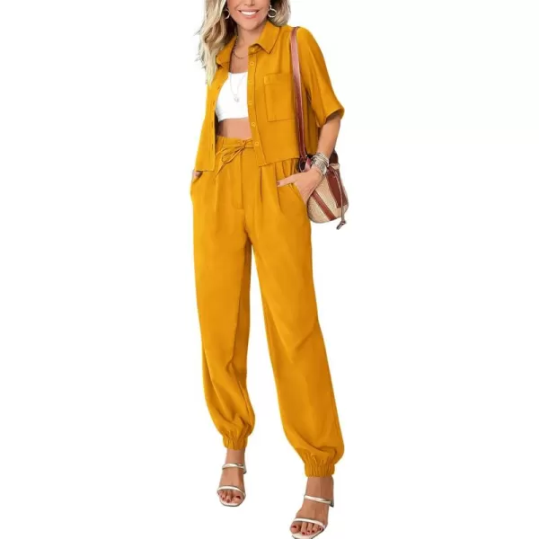 BTFBM Womens 2024 Summer 2 Piece Outfits Tracksuit Short Sleeve Cropped Button Down Shirt Long Pant Lounge Matching SetSolid Turmeric