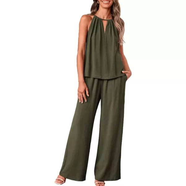 BTFBM Womens Casual Summer Two Piece Outfits Cotton Linen Sets Cutout Halter Sleeveless Top Wide Leg Pants Matching SetSolid Army Green