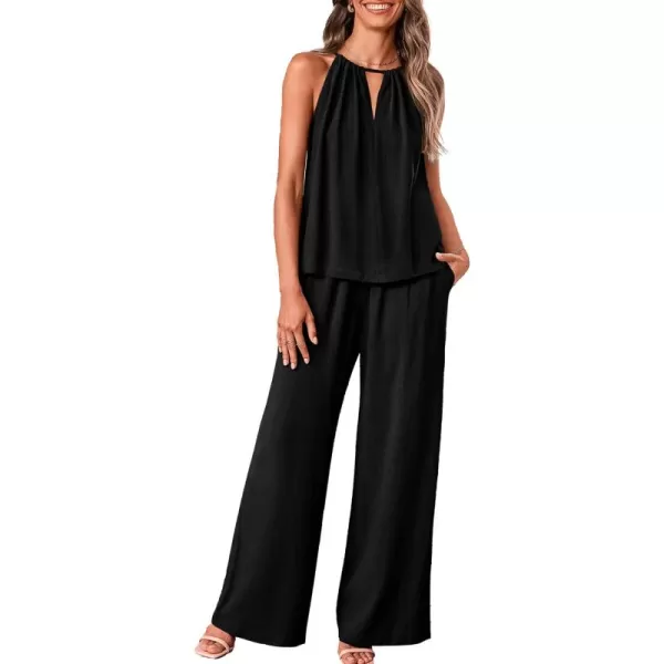 BTFBM Womens Casual Summer Two Piece Outfits Cotton Linen Sets Cutout Halter Sleeveless Top Wide Leg Pants Matching SetSolid Black