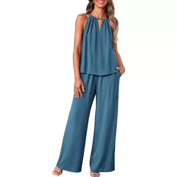 BTFBM Womens Casual Summer Two Piece Outfits Cotton Linen Sets Cutout Halter Sleeveless Top Wide Leg Pants Matching SetSolid Grey Blue