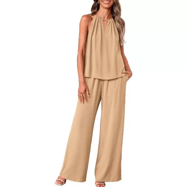BTFBM Womens Casual Summer Two Piece Outfits Cotton Linen Sets Cutout Halter Sleeveless Top Wide Leg Pants Matching SetSolid Khaki