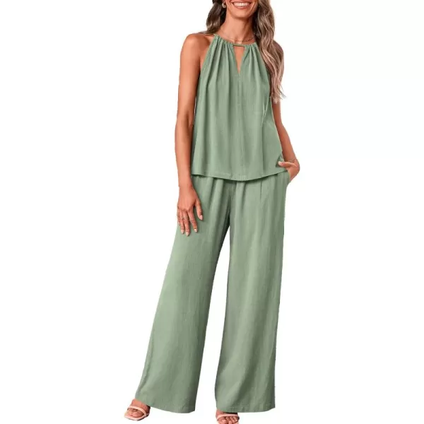 BTFBM Womens Casual Summer Two Piece Outfits Cotton Linen Sets Cutout Halter Sleeveless Top Wide Leg Pants Matching SetSolid Light Green