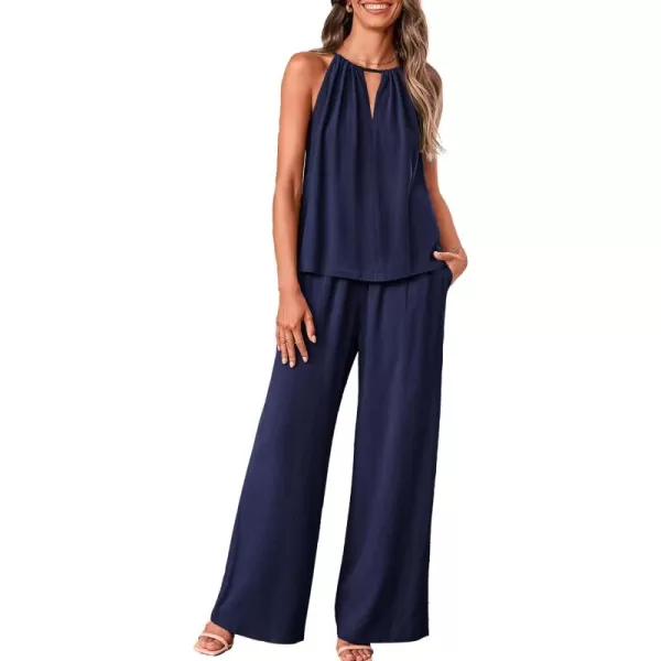 BTFBM Womens Casual Summer Two Piece Outfits Cotton Linen Sets Cutout Halter Sleeveless Top Wide Leg Pants Matching SetSolid Navy