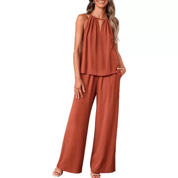 BTFBM Womens Casual Summer Two Piece Outfits Cotton Linen Sets Cutout Halter Sleeveless Top Wide Leg Pants Matching SetSolid Rust Red