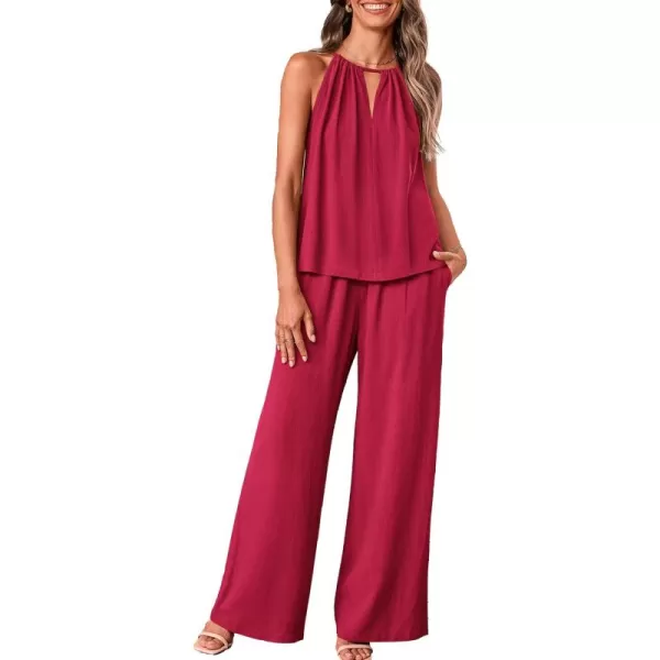 BTFBM Womens Casual Summer Two Piece Outfits Cotton Linen Sets Cutout Halter Sleeveless Top Wide Leg Pants Matching SetSolid Wine Red