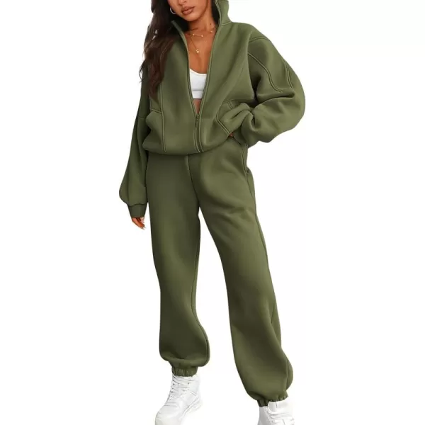 BTFBM Womens Sweatsuits 2 Piece Set 2024 Fleece Long Sleeve Zip Up Sweatshirt Sweatpants Winter Fall Outfits Jogger SetsArmy Green