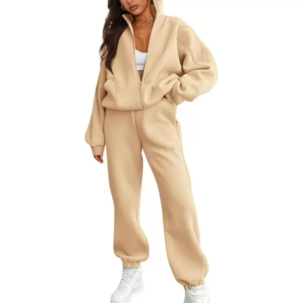 BTFBM Womens Sweatsuits 2 Piece Set 2024 Fleece Long Sleeve Zip Up Sweatshirt Sweatpants Winter Fall Outfits Jogger SetsBeige